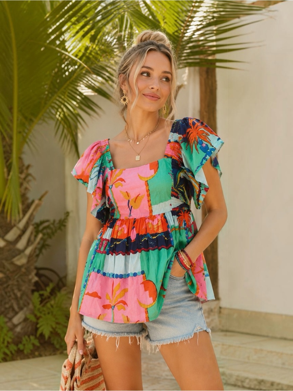EN CREME Sun Chaser Tropical Flutter Sleeve Cotton Peplum Top Large Boho